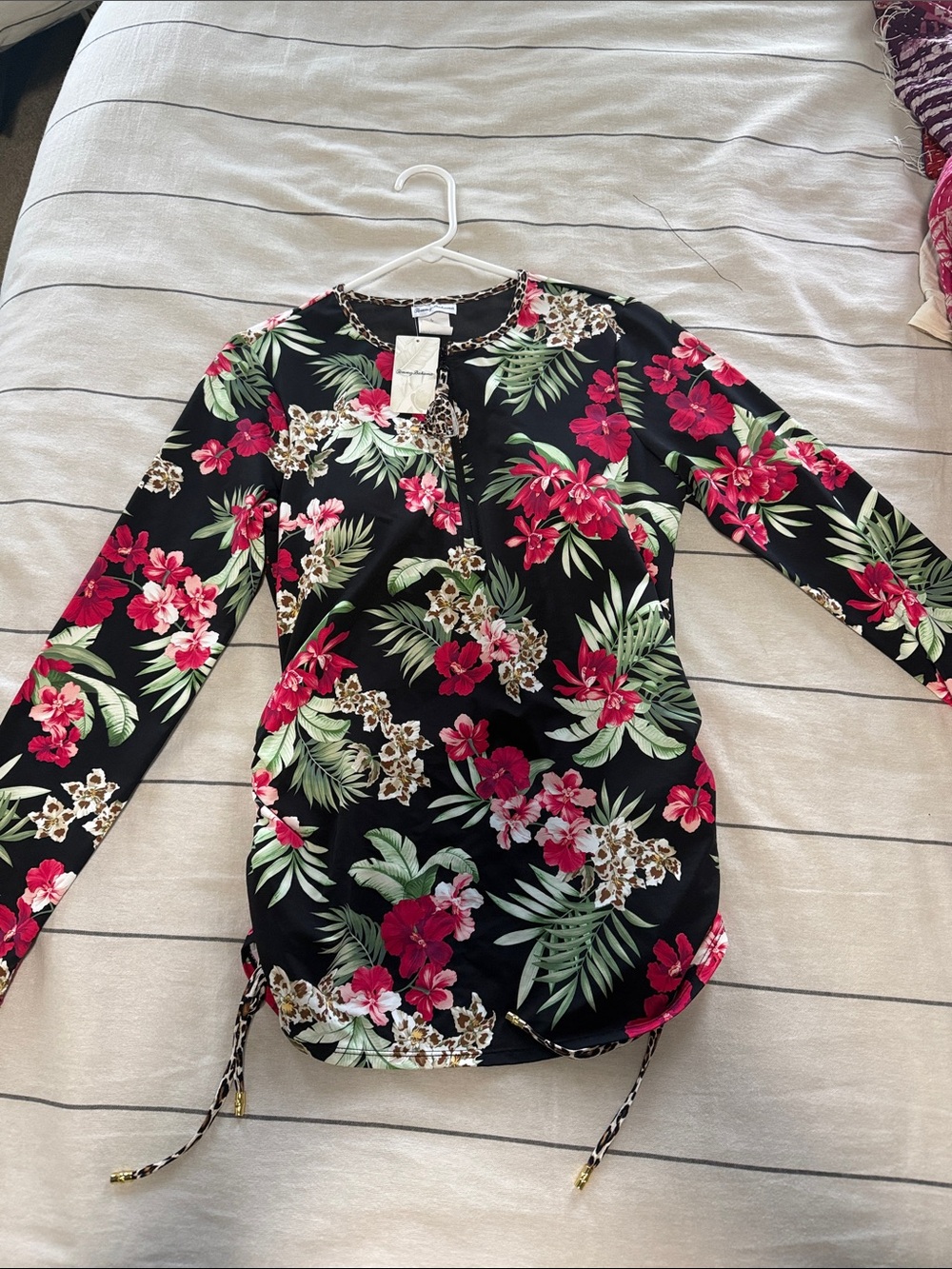 Floral Drawstring Hem Long Sleeve Top - Black with Pink Floral